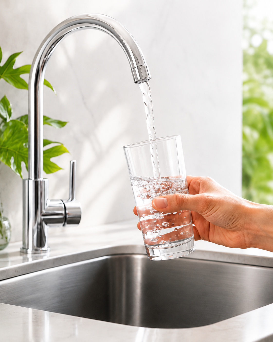 Eau qui coule du robinet dans un verre